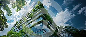 Eco-friendly building modern city sustainable glass building is an ecological concept of an office building with a green