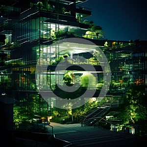 Eco-friendly building in modern city. Sustainable glass office building with trees for reducing CO2. Energy-efficient building in