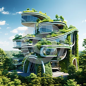 Eco-friendly building in the modern city. Sustainable glass office building with trees for reducing CO2. Office building with