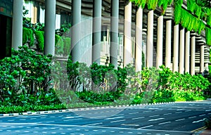 Eco friendly building with vertical garden in modern city. Green plant and tree forest and ivy on facade on sustainable building.