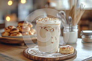 eco-friendly caf display, enjoy an iced vanilla latte in a biodegradable cup with pastries on a rustic kitchen table for photo