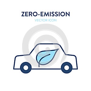 Eco-friendly car icon. Vector illustration of a car with a leaf eco symbol on it. Represents concept of environmental