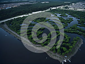 Eco-friendly catchment basin designed to collect and manage stormwater runoff. AI Generated