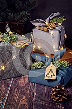 Eco Friendly Christmas concept with Cloth wrapped Gifts