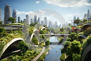 Eco-friendly city with lush greenery on arched buildings, clean river, and modern skyline in the background