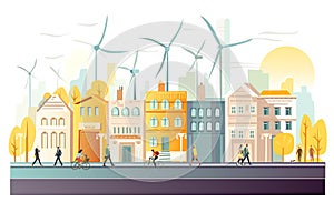 Eco friendly city, street view with busses and walking people and wind turbines at the background.