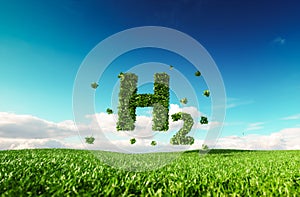 Eco friendly clean hydrogen energy concept. 3d rendering of hydrogen icon on fresh spring meadow with blue sky in background.