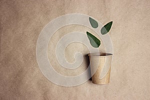 Eco-friendly coffee to go cup with green leaves on brown paper background