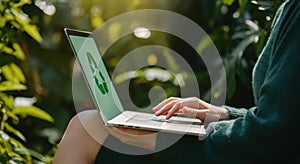Eco-friendly computing: person with laptop displaying recycling symbol in nature photo
