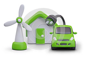 Eco friendly concept. Alternative green energy. Wind turbine, house with green roof, electric car