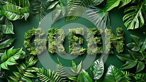 Eco-Friendly Concept with \'GO GREEN\' Text in Lush Foliage on Dark Green Background photo