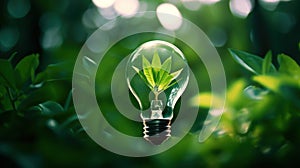 Eco friendly concept with green leaf in lightbulb