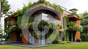 eco friendly contemporary house with vegetation growing over it for natural heating and cooling