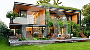 eco friendly contemporary house with vegetation growing over it for natural heating and cooling