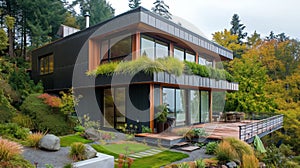 eco friendly contemporary house with vegetation growing over it for natural heating and cooling