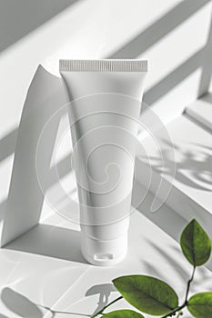 Eco-Friendly Cosmetic Cream Tube with Green Plant Leaves Shadow Play