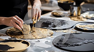 Eco-friendly Craftsmanship: Pouring Gold Onto Plates With Raw Texture