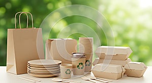 Eco friendly disposable tableware set on a bright table surface