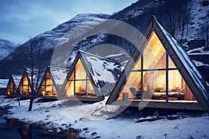 Eco-friendly ecolodge or eco-lodge wooden winter luxury eco-houses at the night photo