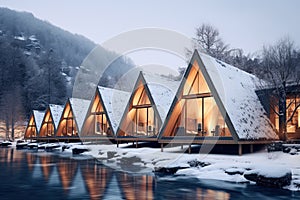 Eco-friendly ecolodge or eco-lodge wooden winter luxury eco-houses in the snowy forest