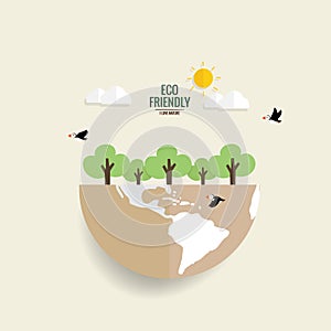 ECO FRIENDLY. Ecology concept with Green Eco Earth and Trees. Vector illustration