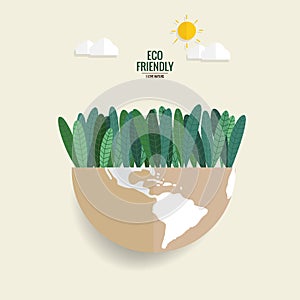 ECO FRIENDLY. Ecology concept with Green Eco Earth and Trees. Vector illustration