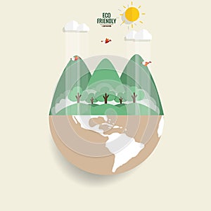 ECO FRIENDLY. Ecology concept with Green Eco Earth and Trees. Vector illustration