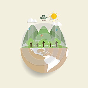 ECO FRIENDLY. Ecology concept with Green Eco Earth and Trees. Vector illustration