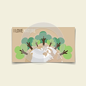 ECO FRIENDLY. Ecology concept with Green Eco Earth and Trees. Vector illustration