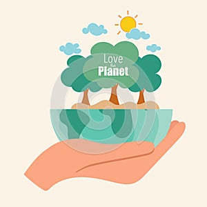 ECO FRIENDLY. Ecology concept with Green Eco Earth and Trees. Vector illustration