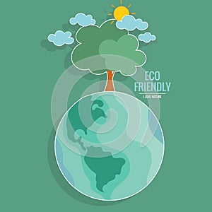 ECO FRIENDLY. Ecology concept with Green Eco Earth and Trees. Vector illustration