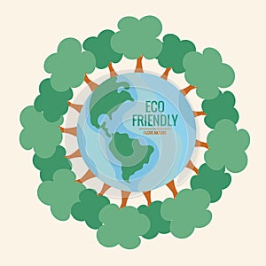 ECO FRIENDLY. Ecology concept with Green Eco Earth and Trees. Vector illustration