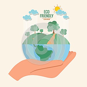 ECO FRIENDLY. Ecology concept with Green Eco Earth and Trees. Vector illustration