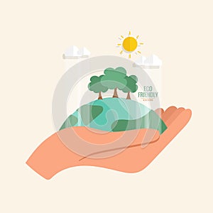 ECO FRIENDLY. Ecology concept with Green Eco Earth and Trees. Vector illustration