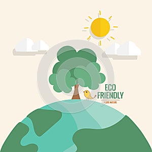 ECO FRIENDLY. Ecology concept with Green Eco Earth and Trees. Vector illustration