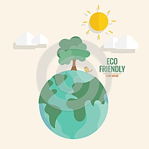 ECO FRIENDLY. Ecology concept with Green Eco Earth and Trees. Vector illustration