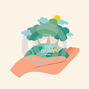 ECO FRIENDLY. Ecology concept with Green Eco Earth and Trees. Vector illustration