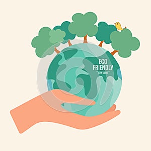 ECO FRIENDLY. Ecology concept with Green Eco Earth and Trees. Vector illustration