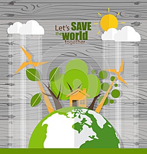 ECO FRIENDLY. Ecology concept with Green Eco Earth and Trees. Vector illustration.