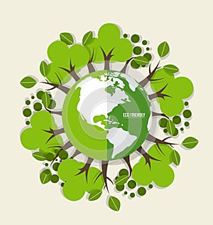 ECO FRIENDLY. Ecology concept with Green Eco Earth and Trees. Vector illustration.