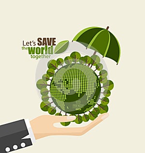 ECO FRIENDLY. Ecology concept with Green Eco Earth and Trees. Vector illustration.