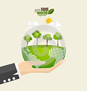 ECO FRIENDLY. Ecology concept with Green Eco Earth and Trees. Vector illustration.