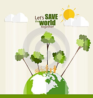 ECO FRIENDLY. Ecology concept with Green Eco Earth and Trees. Vector illustration.