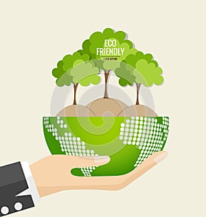 ECO FRIENDLY. Ecology concept with Green Eco Earth and Trees. Vector illustration.