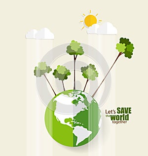 ECO FRIENDLY. Ecology concept with Green Eco Earth and Trees. Vector illustration.