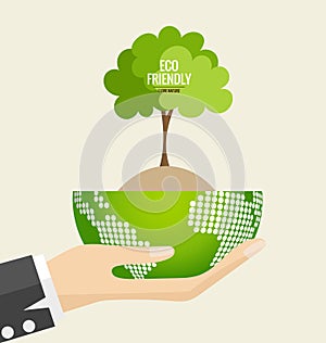 ECO FRIENDLY. Ecology concept with Green Eco Earth and Trees. Vector illustration.