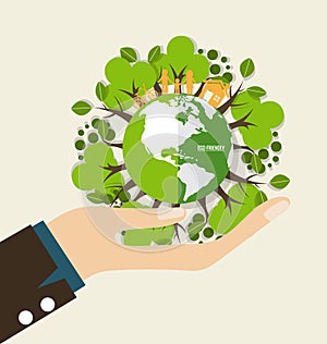 ECO FRIENDLY. Ecology concept with Green Eco Earth and Trees. Vector illustration.