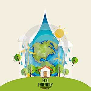 ECO FRIENDLY. Ecology concept with Green Eco Earth and Trees. Vector illustration