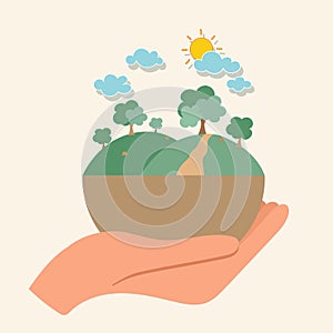 ECO FRIENDLY. Ecology concept with hand holding tree. Vector illustration