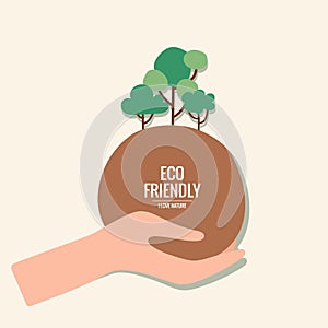 ECO FRIENDLY. Ecology concept with hand holding tree. Vector illustration